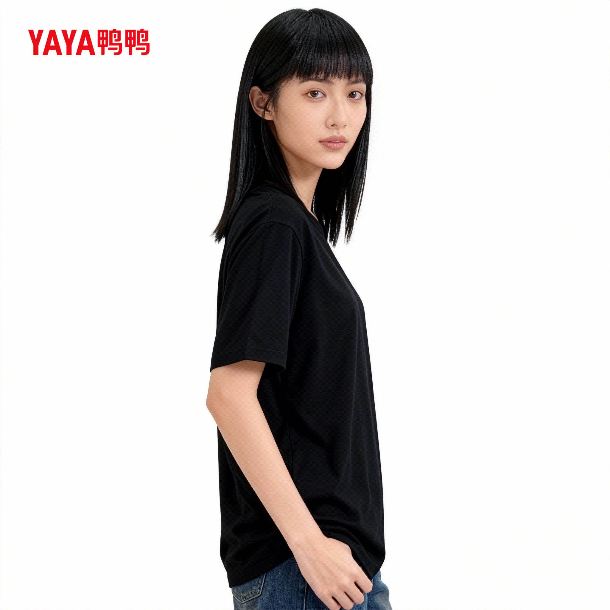YAYA鸭鸭重磅纯棉短袖T恤女黑色宽松正肩简约潮简约休闲百搭上衣