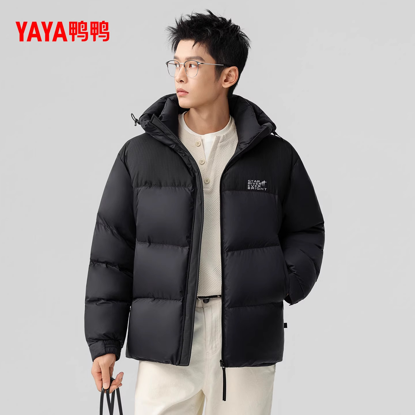 YAYA鸭鸭羽绒服男2026年冬季新款短款面包服拼接连帽加厚保暖外套