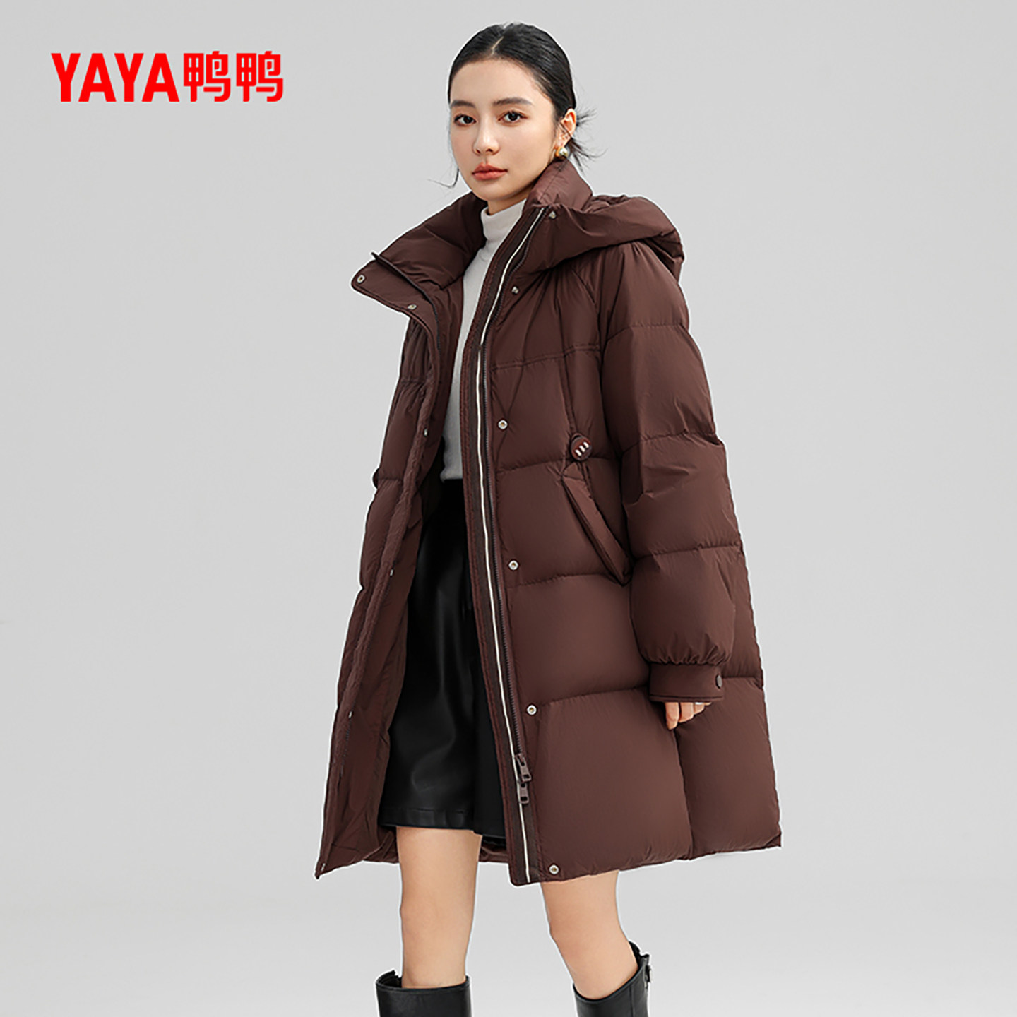 鸭鸭羽绒服女士2024冬季新品中长款时尚连帽保暖加厚90鸭绒外套Y