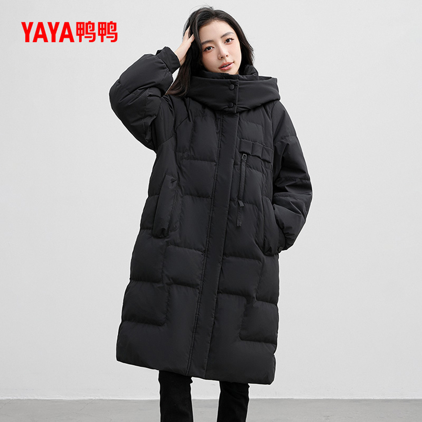 鸭鸭羽绒服女2023年冬新款中长款双层连帽韩版外套加厚保暖W