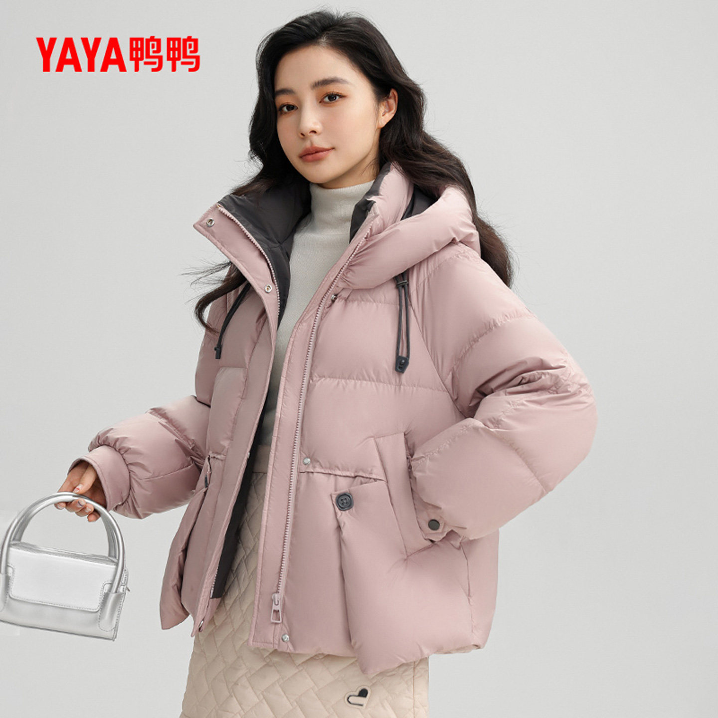 鸭鸭羽绒服女士2024冬季新品短款韩版时尚连帽加厚保暖鸭绒外套J