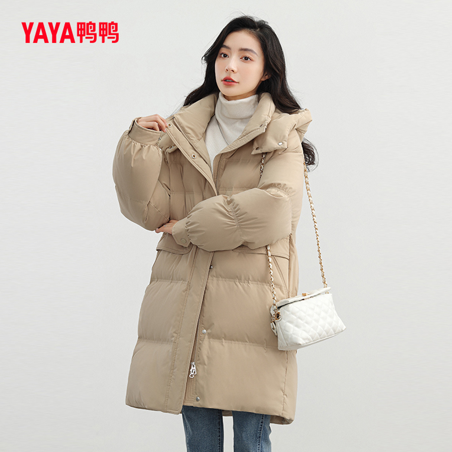 鸭鸭反季羽绒服女中长款2023年新款加厚连帽时尚百搭韩版修身外套