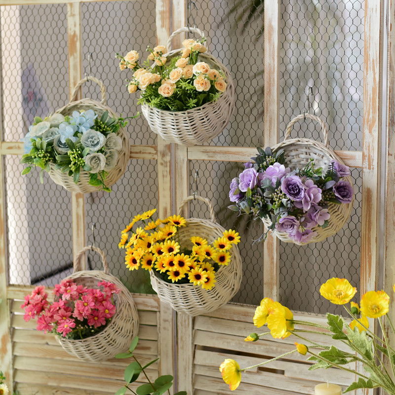 新款墙壁挂花客厅干花束仿真花假花墙面挂墙装饰品柳编白色花篮