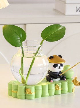 可爱熊猫办公室桌面装饰小水培器皿玄关花瓶客厅插花家居饰品
