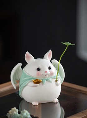 趣味陶瓷爱蝙蝠招财纳福家居客厅书房桌面工艺品装饰小摆设