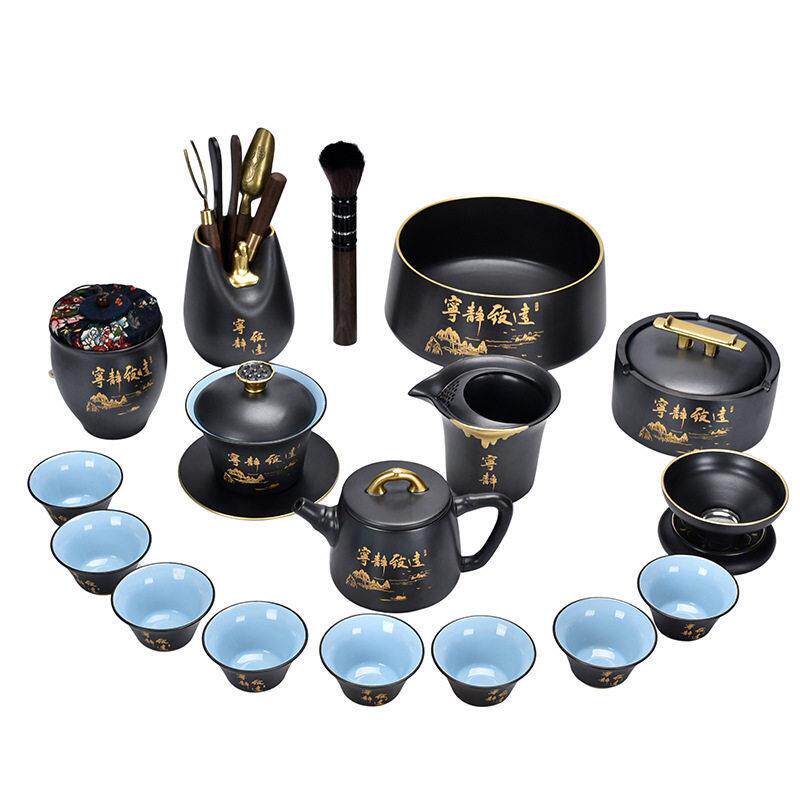 黑陶功夫茶具套装陶瓷手工描金盖碗茶壶茶杯家用整套商务礼品