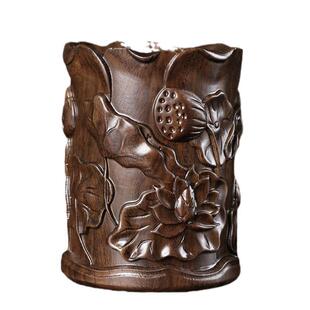 黑檀摆花笔筒高档实木雕刻原荷木工艺FWW红木筒件办公笔商政礼品