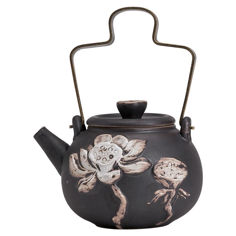 侘寂风莲花圆韵提梁壶粗陶球孔过滤泡茶器功夫茶具手工茶壶单壶