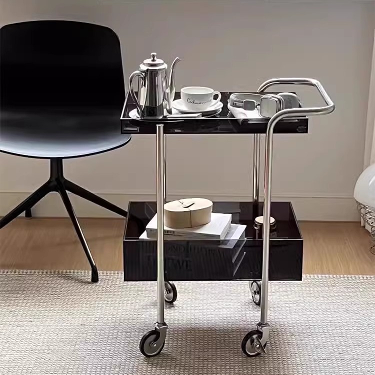 枝集复古推车边几客厅小户型收纳置物架可移动亚克力小茶几中古风