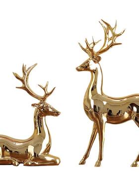 外贸电镀金色鹿电视柜玄关摆件家居装饰品客厅树脂工艺品摆饰
