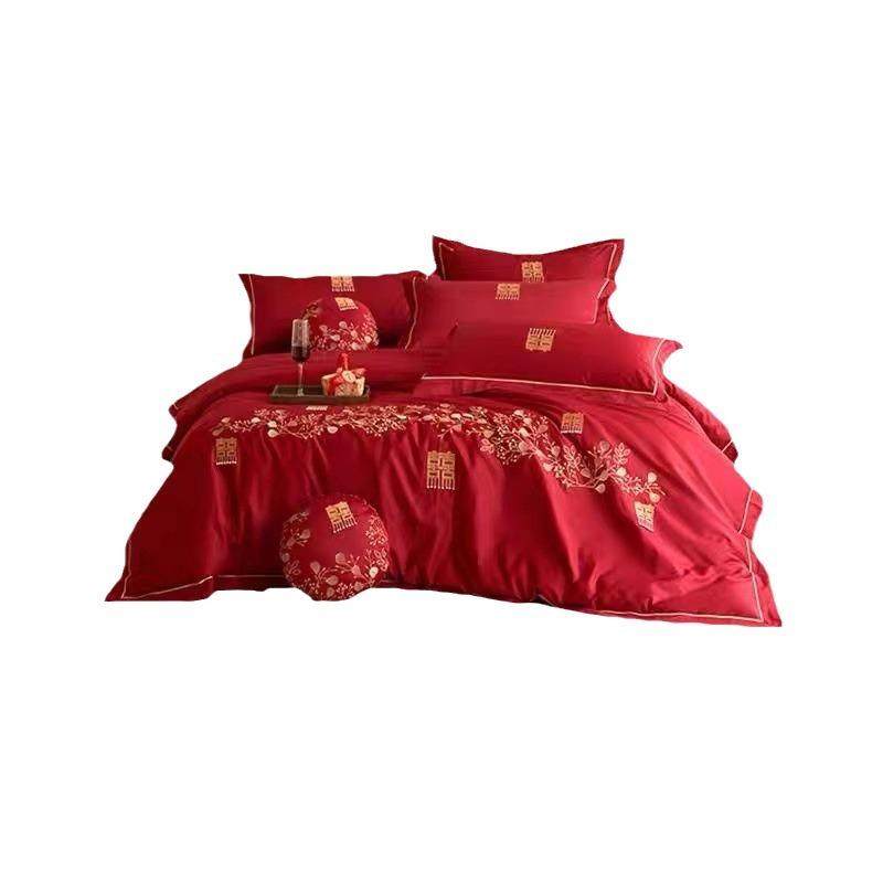 纯棉结婚四件套绣花款婚庆新中式全棉红色婚嫁床上用品六件套棉质