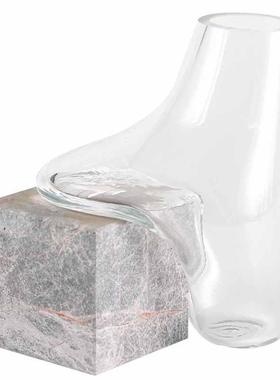 轻奢大理石底座玻璃花瓶摆件艺术抽象流动异形水培花器样板间饰品