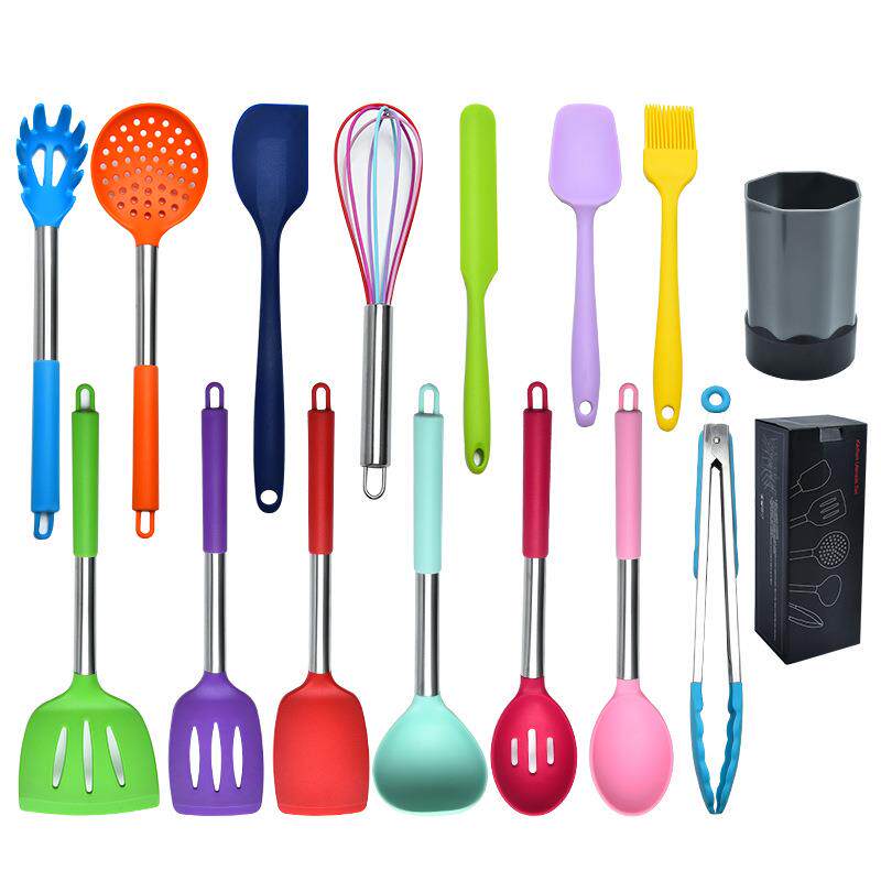 彩色硅胶厨具15件套不锈钢手柄厨房用具家用烹饪勺铲厨具套装