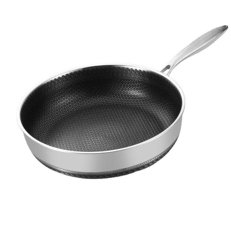 不锈钢煎炒锅带盖平底锅不粘锅家用双面不粘通用型炒菜锅28-30CM