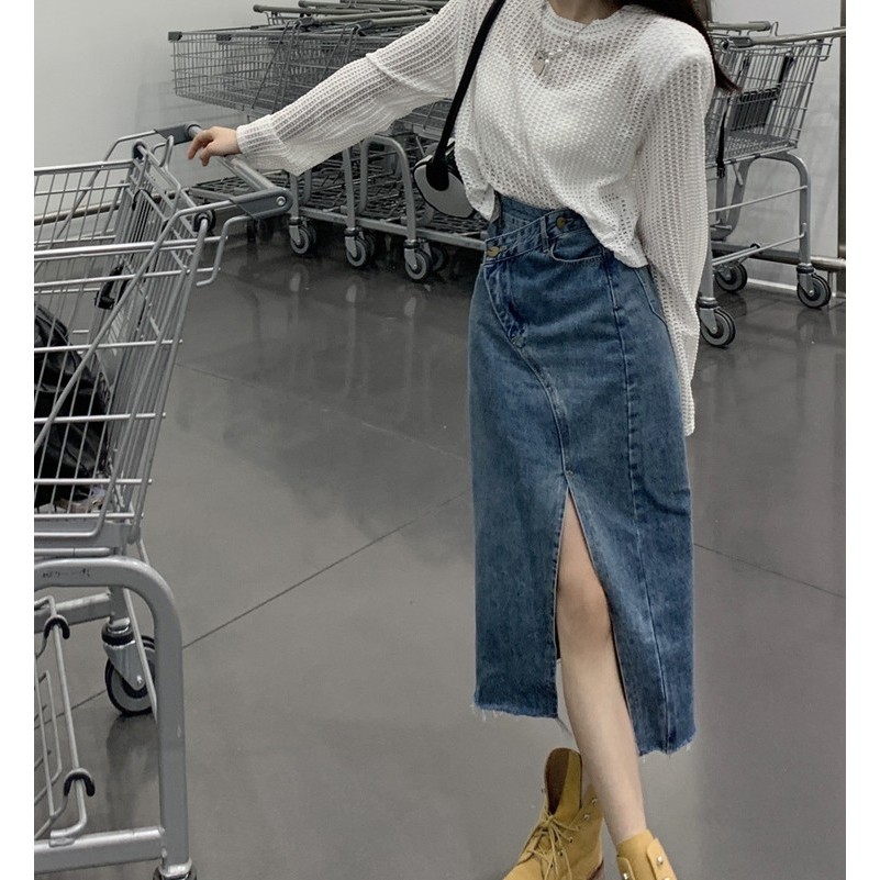 2025春夏新款韩版设计感斜扣开叉牛仔半身裙女气质高腰包臀中长裙