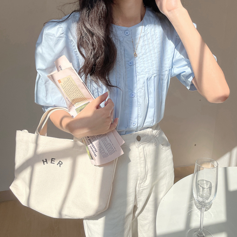 韩国奶蓝色短袖衬衫女薄款2024夏季圆领娃娃衫上衣设计感小众衬衣