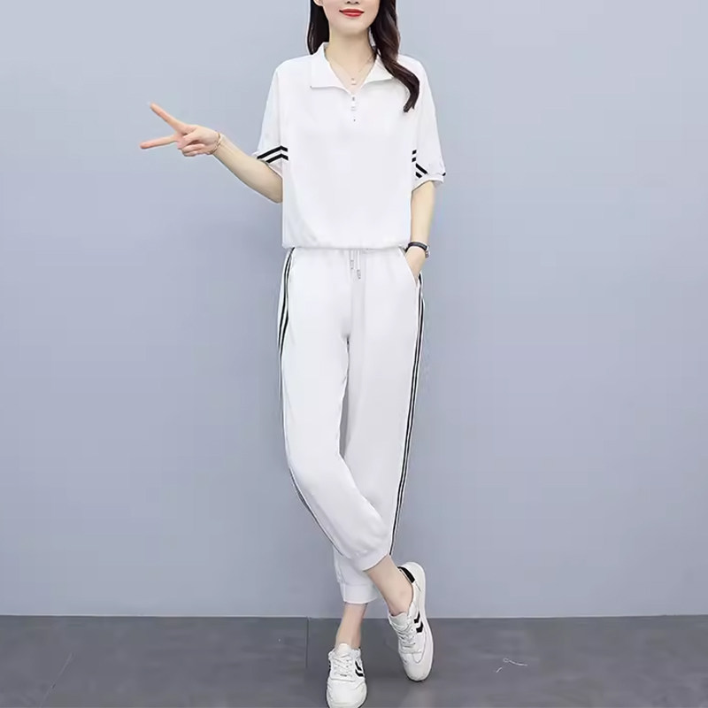 欧洲站冰丝阔腿裤休闲套装女夏季2025年新款设计感时尚短袖运动服