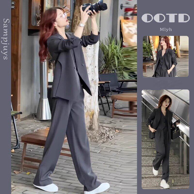 韩国女春夏时尚穿搭灰色西装套装职业高级西服马甲干练休闲三件套