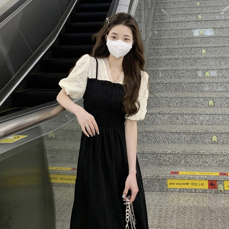 欧洲站2023年夏季新款法式女神范收腰连衣裙子两件套V领气质长裙