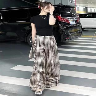 减龄搭配一整套时尚 女小个子修身 香港夏装 套装 欧货 T恤 格子阔腿裤