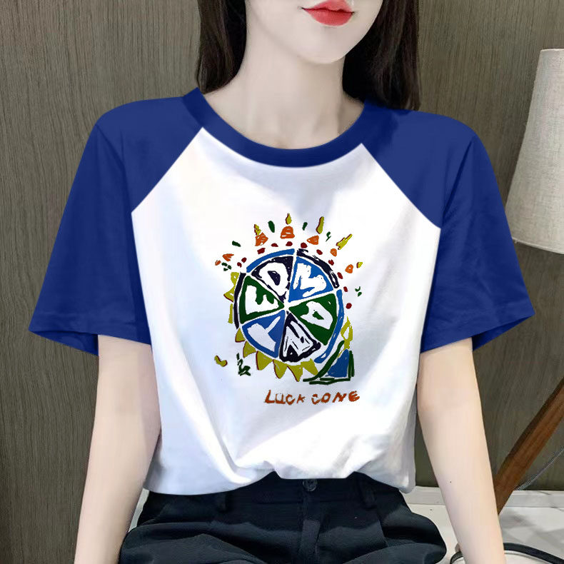 韩国宽松半袖白色短袖t恤女夏季2025新款纯棉百搭插肩撞色上衣潮