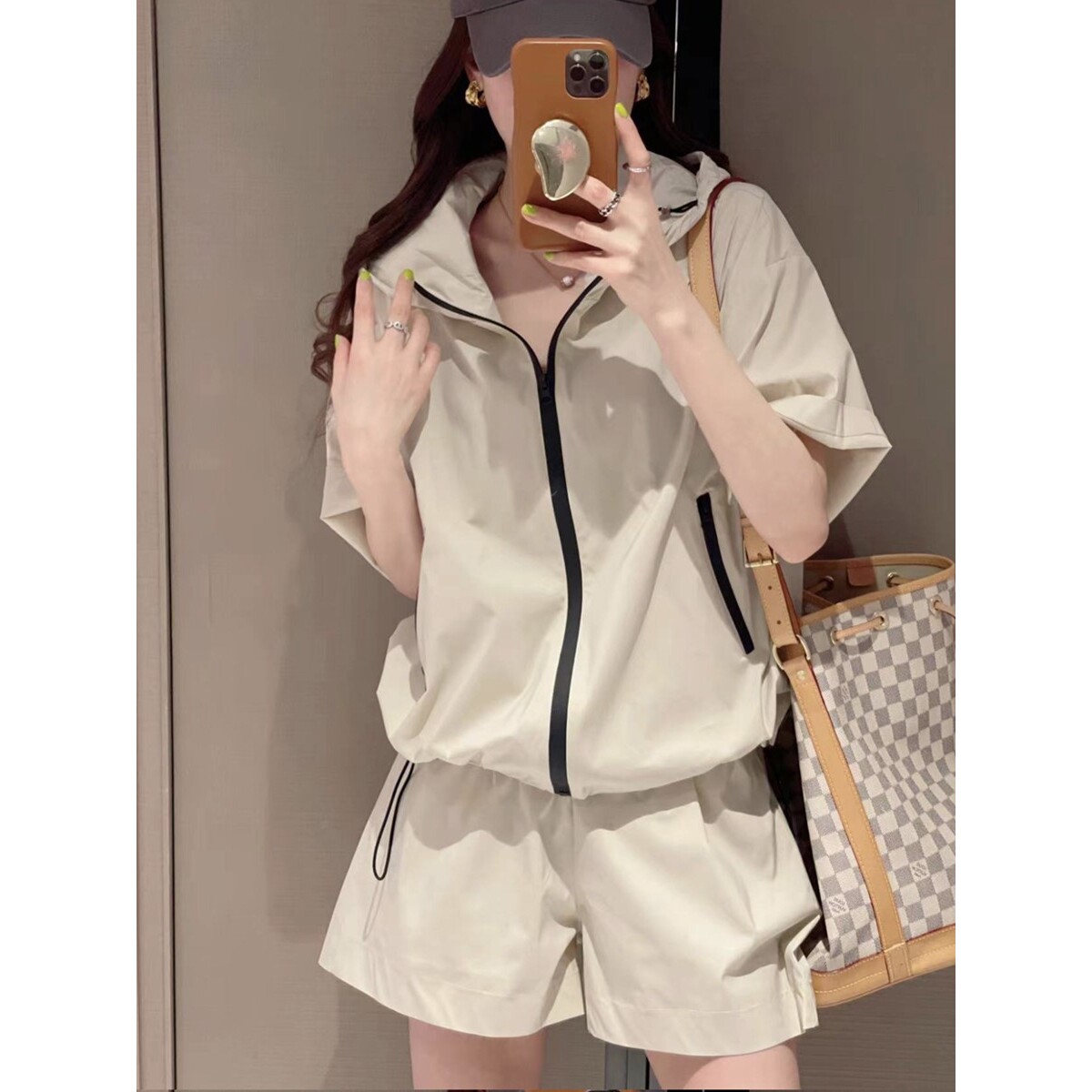 法式微胖防晒短裤套装女夏ins潮连帽冲锋外套户外休闲运动两件套