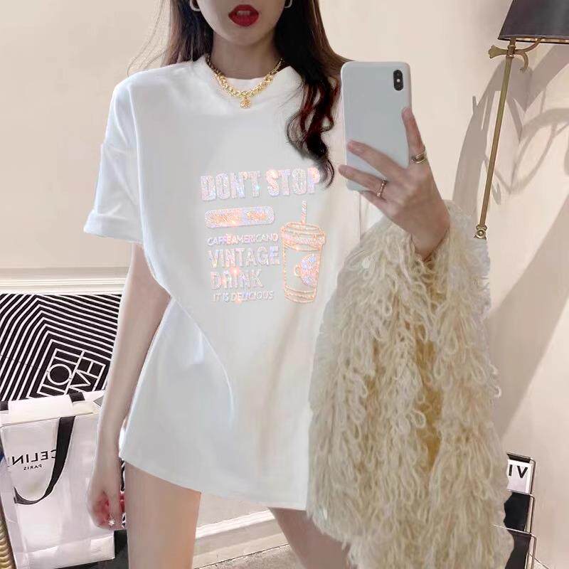 欧洲站中长款短袖t恤女夏薄款2025年新款设计感小众重工烫钻体恤