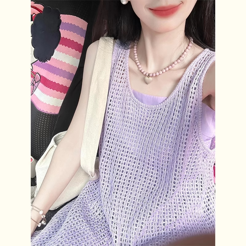 欧洲站新款洋气减龄显瘦镂空紫色吊带裙女夏法式罩衫连衣裙两件套