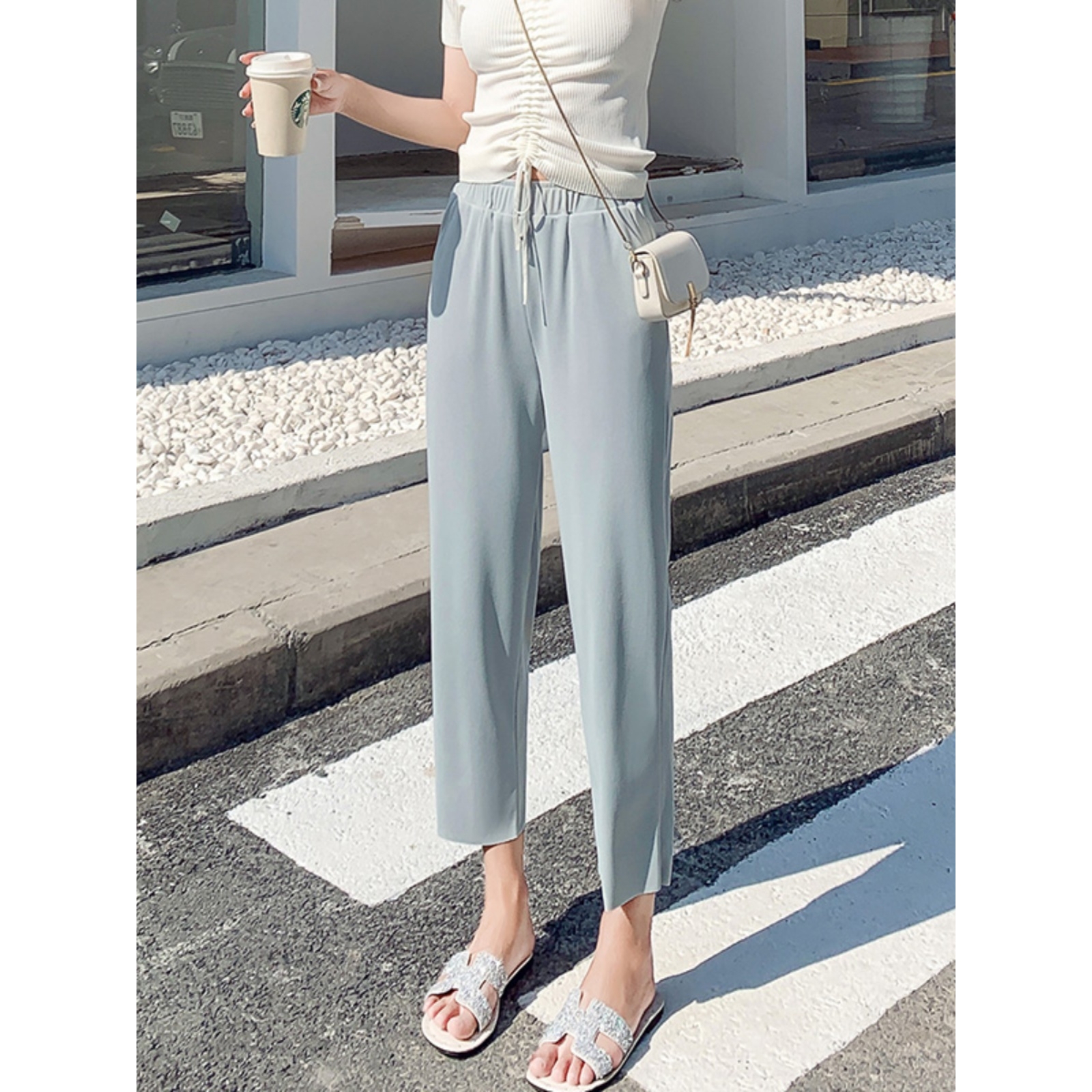 夏季冰丝阔腿裤女2025新款薄款垂感直筒休闲九分萝卜凉凉哈伦裤子