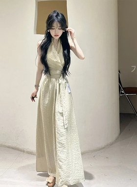 小个子连衣裤超好看杏色棉麻一体式连体裤子女装2024新款夏装薄款