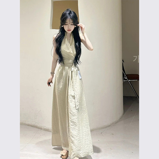 子女装 连体裤 2024新款 夏装 小个子连衣裤 薄款 超好看杏色棉麻一体式