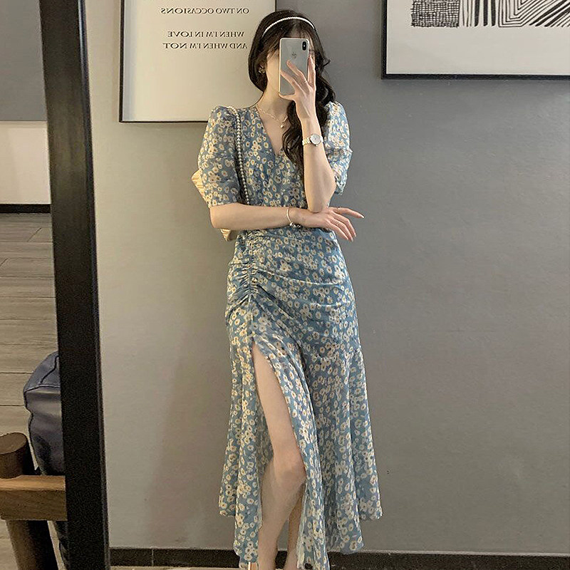 欧洲站2024年夏季新款森系茶歇法式初恋复古开叉长裙子碎花连衣裙