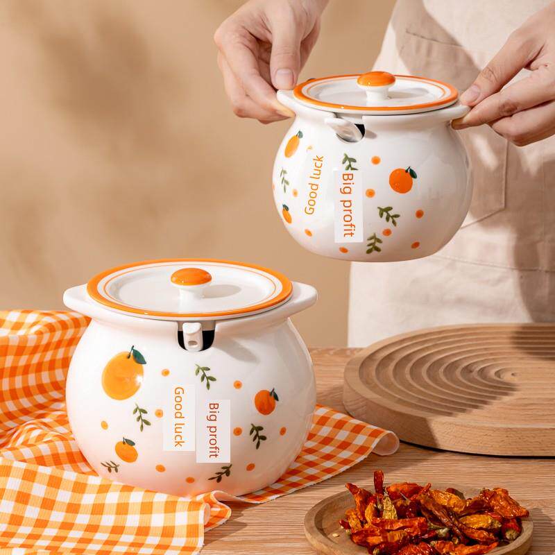 陶瓷猪油罐家用耐高温有盖容器，用于肉和油辣椒油调味料储存罐
