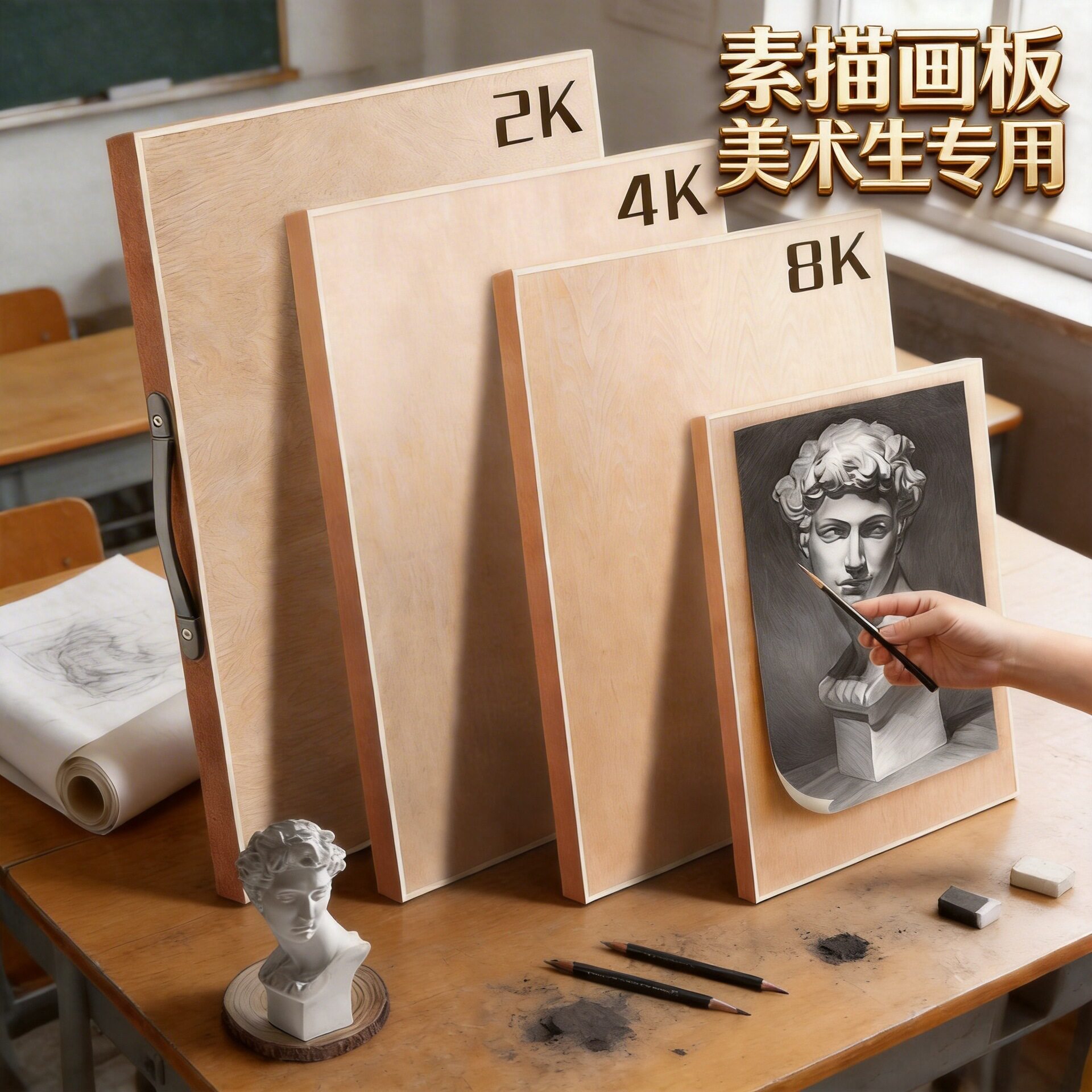 4k手提便携画板素描美术生专用2K绘图水彩空心木制8k实木实心四开