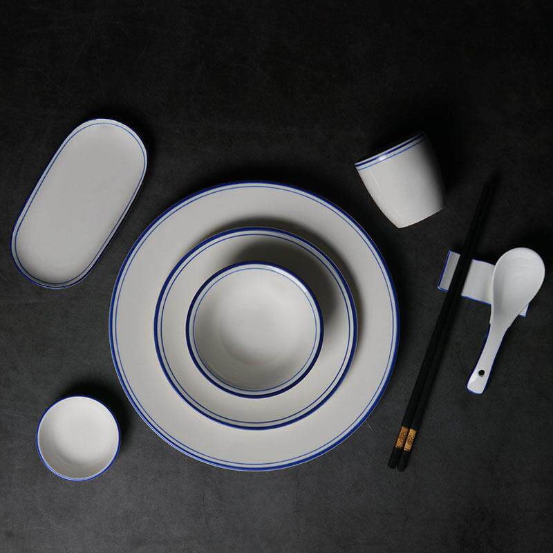 釉下彩高温蓝边餐具罗汉米饭碗简约手工中式风格白瓷青花碗大汤碗