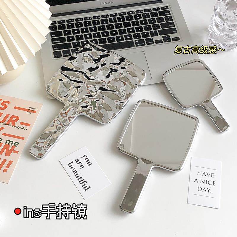 ins风精致高级手持镜液态金属波纹化妆镜手持便携式补妆小镜子