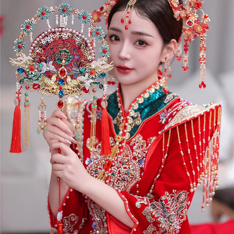 双面双色新重工团扇新娘出嫁手持遮面喜扇结婚礼物团扇Wdiy材料包
