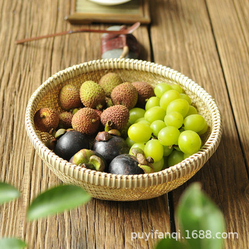 手工竹编圆形黄金簸箕家用水果A点心面包收纳筐果盘馒头筐饺子盘