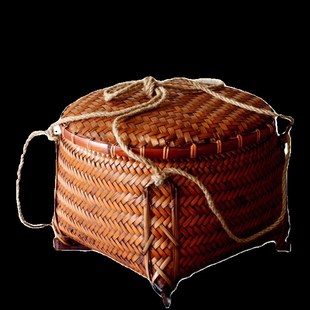 复古竹编收纳筐带盖子子p家用竹筐 结婚喜庆竹篮拜神竹筐挑担竹