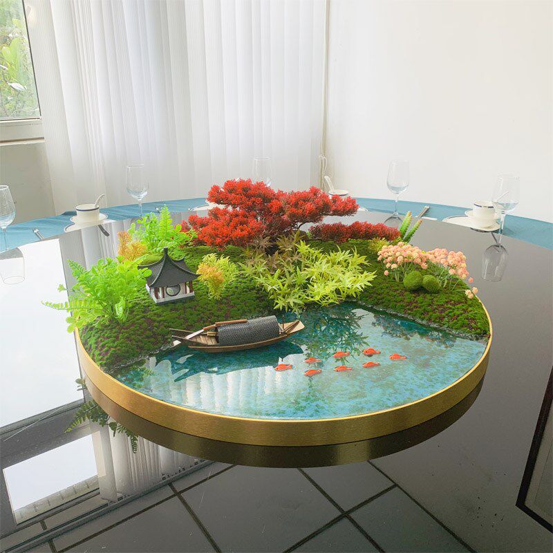 中式假仿真大餐桌中间转盘套装摆件客厅会所样板S房微景观台面花