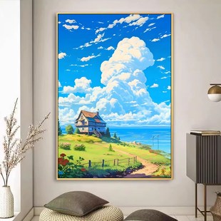 宫崎骏卡通治愈系晴空原野客厅挂画卧室装 饰画R田野风景玄关壁画