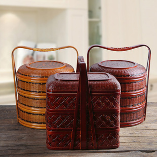 竹编食盒提篮h鸡蛋篮水果篮竹制品月饼篮红色结婚礼篮拜拜篮收纳