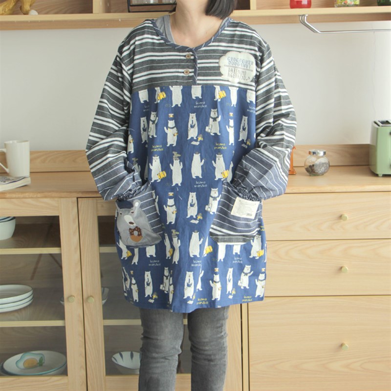 日系甩卖女士刺绣可爱猫咪棉布家居罩衣L反穿衣防污厨房长袖围裙