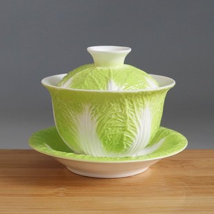 创意白菜盖碗德化羊脂玉陶瓷百财聚E来泡茶碗带盖家用功夫茶碗单