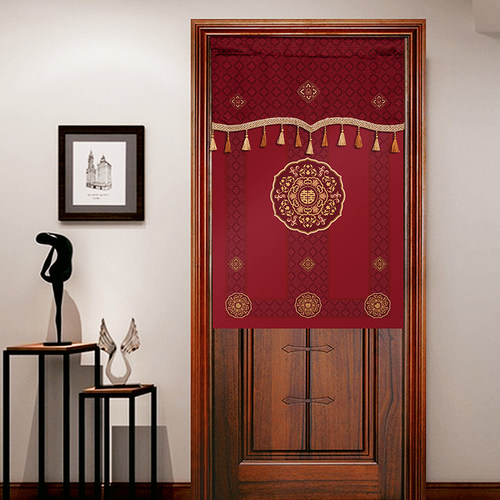 中式红色门帘结婚卧室隔断帘免z打孔布艺喜庆婚房装饰挂帘遮挡帘