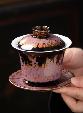 大漆紫色三才盖碗高端羊脂玉瓷泡茶杯福州特色非遗手工艺漆器茶具