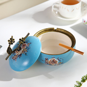 饰烟 复古陶瓷装 欧式 烟灰缸家用j客厅带盖防飞灰创意茶几收纳美式