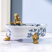 欧式 古典陶瓷配铜天o使烟灰缸奢华客厅茶几桌面手绘青瓷烟碟摆件