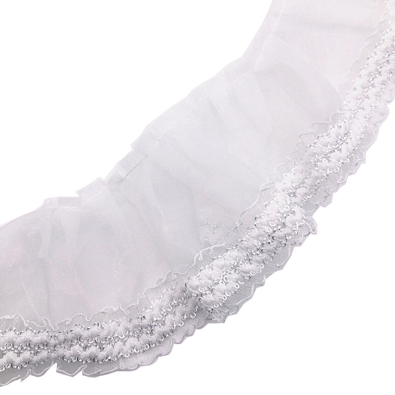 金线花纹刺绣织带拼接透明白色网纱花边蕾丝木耳T褶皱窗帘装饰立