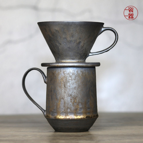 手冲陶瓷咖啡滤杯粗陶过滤漏斗支C架滤纸咖啡杯子一套装家用办公